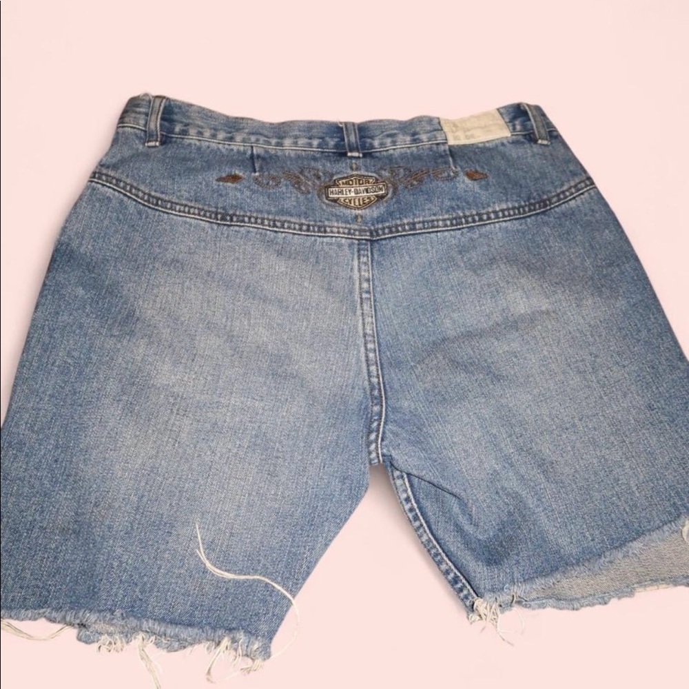 Harley Davidson blue denim shorts with decal on the back.